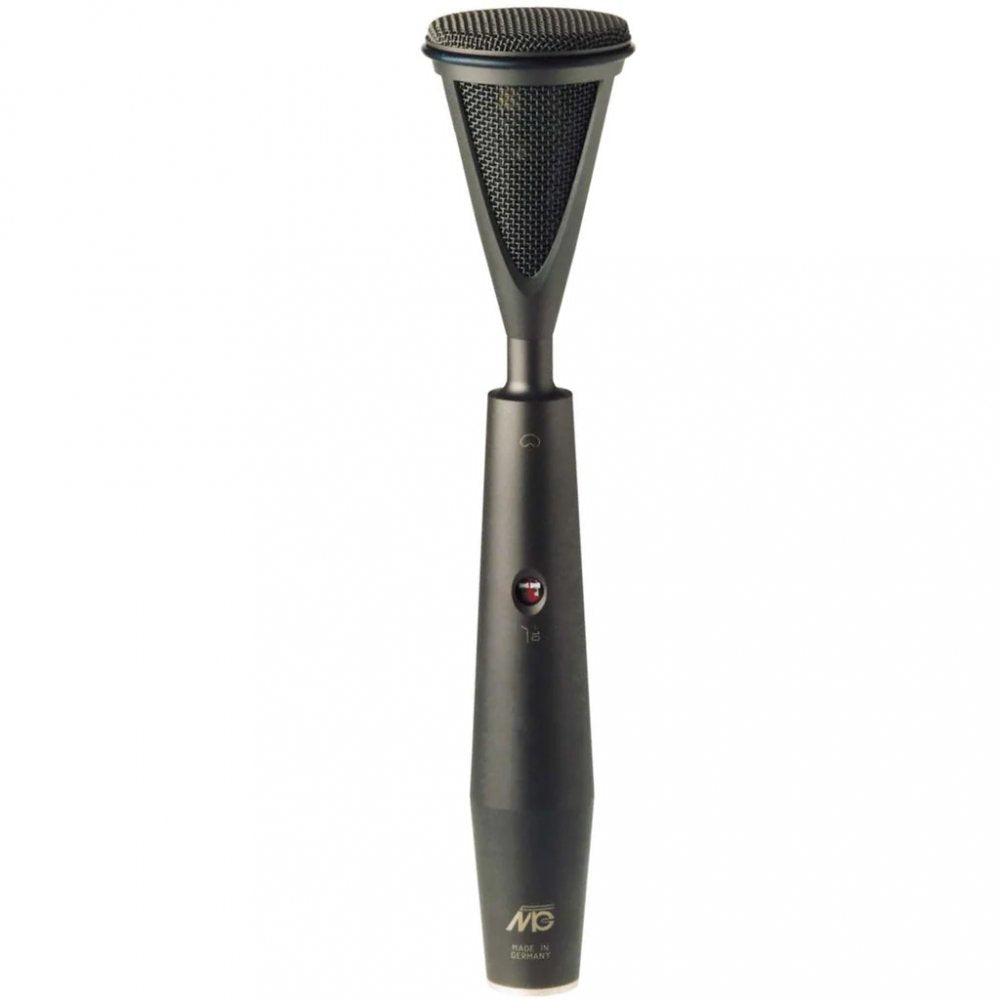 Black studio microphone with mesh grille and a small round switch on the handle showing red indicator.