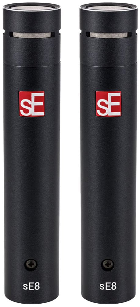 Two black cylindrical microphones with red and white sE logos and 'sE8' printed near the base.