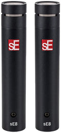Two black cylindrical microphones with red and white sE logos and 'sE8' printed near the base.