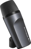 Black and gray microphone with metal mesh grille on an angled stand, labeled SENNHEISER E 602-II.