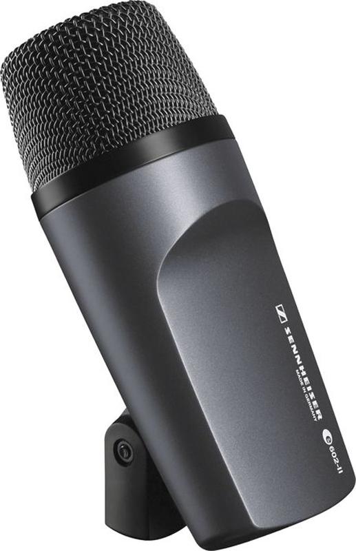 Black and gray microphone with metal mesh grille on an angled stand, labeled SENNHEISER E 602-II.