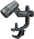 Black Sennheiser E 604 microphone attached to a clamp mount against a white background.