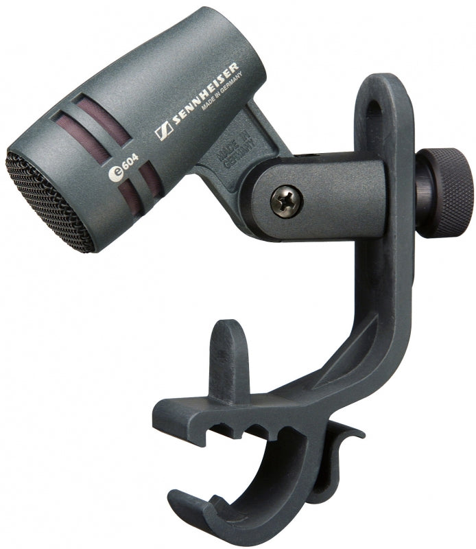Black Sennheiser E 604 microphone attached to a clamp mount against a white background.