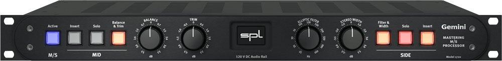 Black audio processor unit with buttons, knobs, and labeled controls for M/S, MID, and SIDE functions.