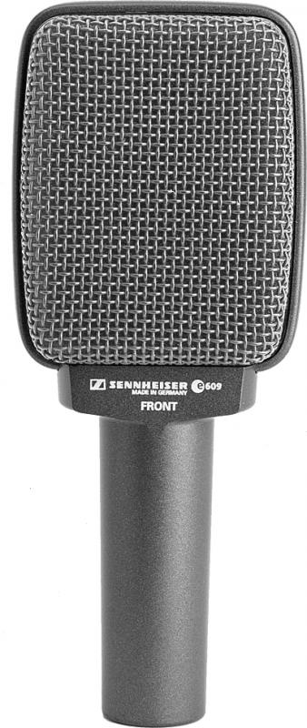 Front view of a silver and black microphone with a metal mesh grille and Sennheiser branding.