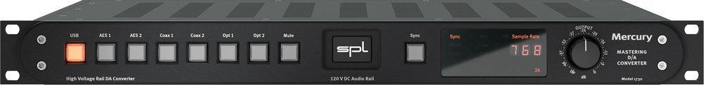 Front panel of a black audio digital-to-analog converter with multiple input buttons, rotary output knob, and digital display.