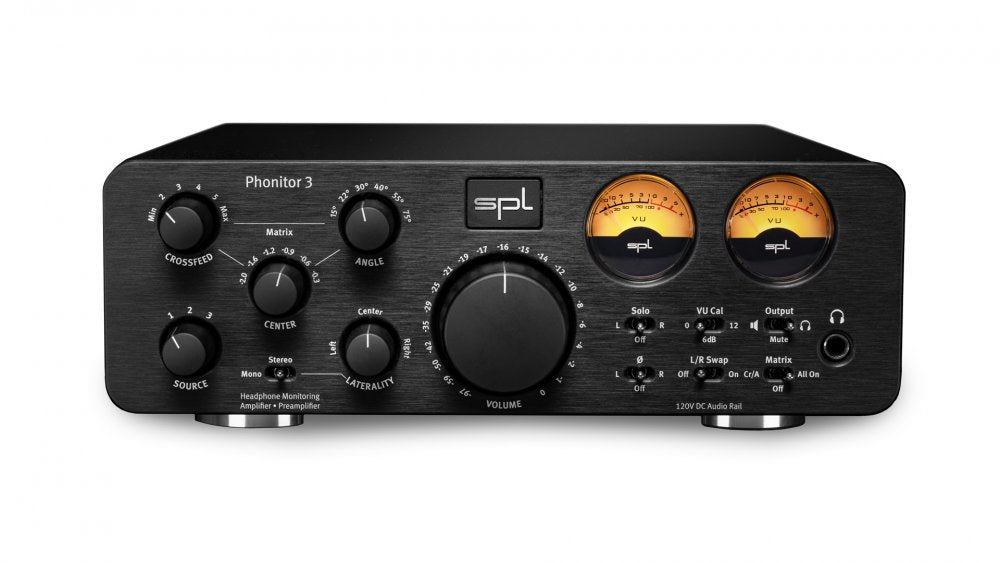 Black headphone monitoring amplifier and preamplifier with multiple knobs, switches, and analog VU meters on front panel