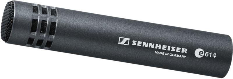Black metal studio microphone with mesh grille and SENNHEISER e614 branding on the body.