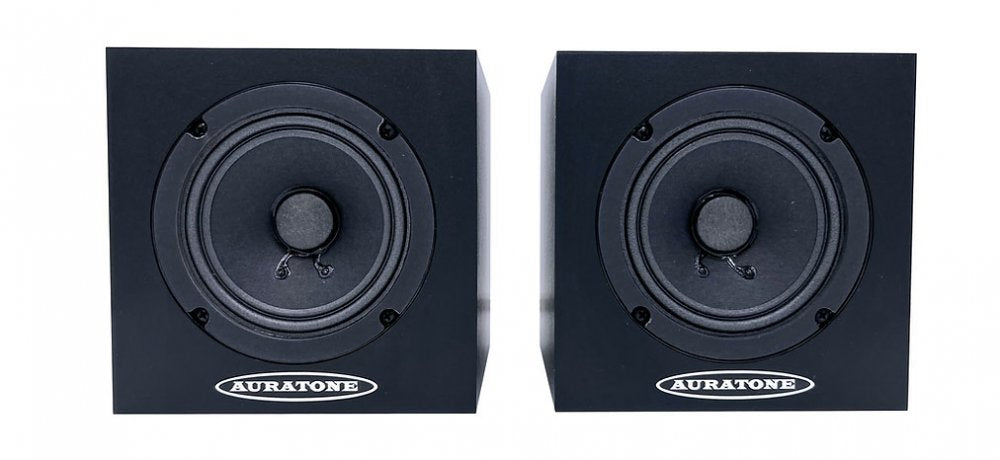 Pair of black square speakers with a single driver and Auratone logo on each front panel.