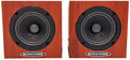 Two brown wood grain speakers with black cones and AURATONE logo on the bottom front.