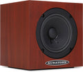 Cube-shaped speaker with reddish wood grain finish and black round driver on front with Auratone logo below.