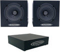 Two black Auratone speakers and a black Auratone A2-30 box shown from front and angled views.