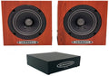 Two wood grain speakers and one black metal box with Auratone branding shown.