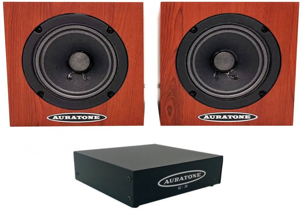 Two wood grain speakers and one black metal box with Auratone branding shown.