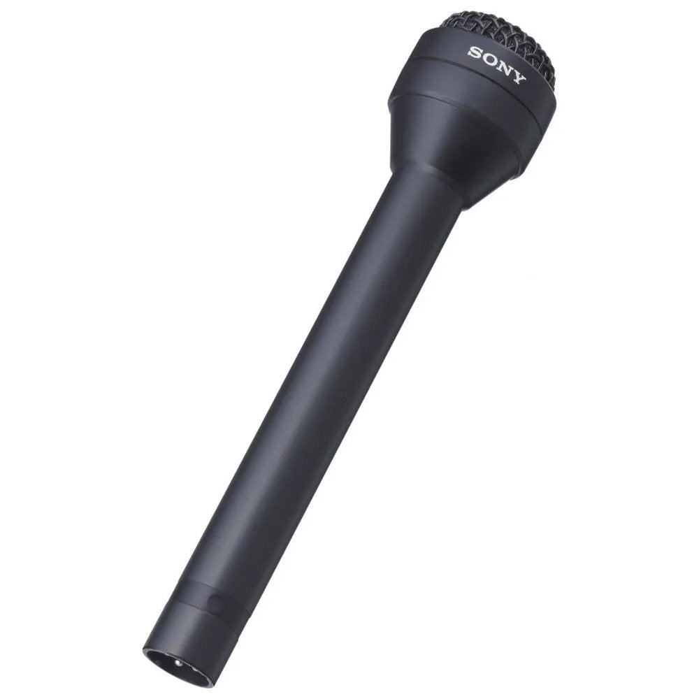 Black handheld microphone with metal mesh grille and SONY logo on the head, showing a 3-pin XLR connector.