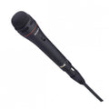 Black wired microphone with on/off switch and attached cable against a white background.