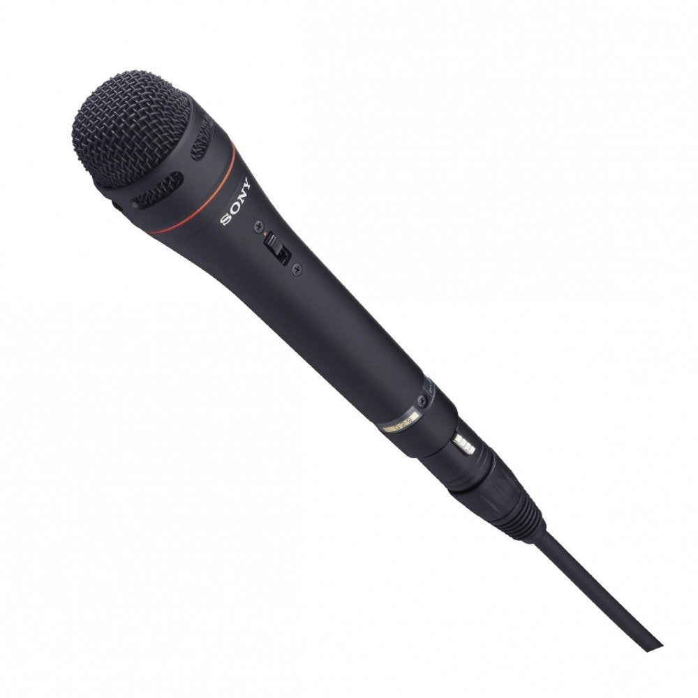 Black wired microphone with on/off switch and attached cable against a white background.