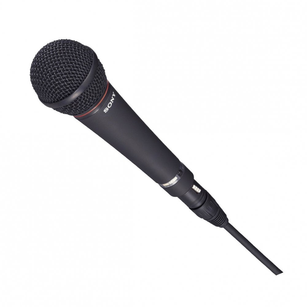 Black wired handheld microphone with Sony branding and on/off switch