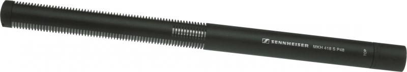 Black cylindrical microphone with ventilation slots and white branding text on its body.