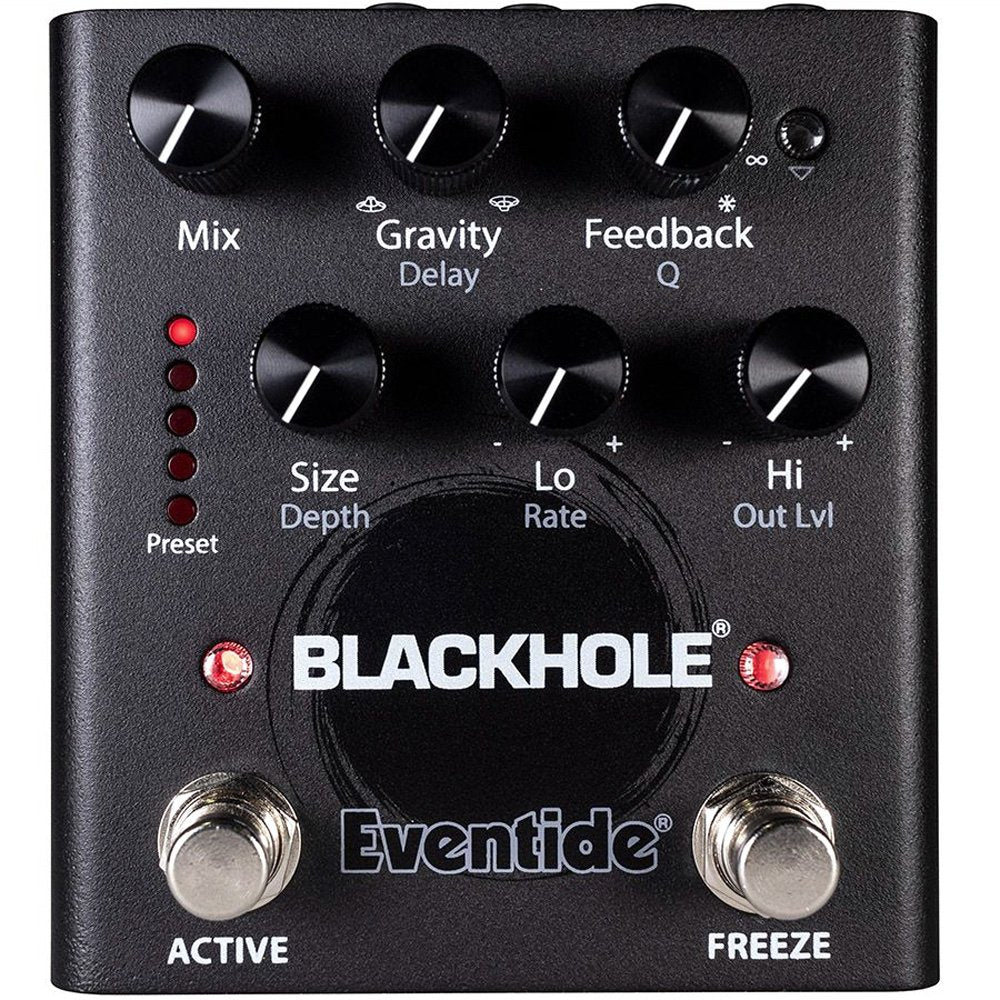 Black Eventide Blackhole pedal with eight control knobs, two footswitches, and preset LEDs.
