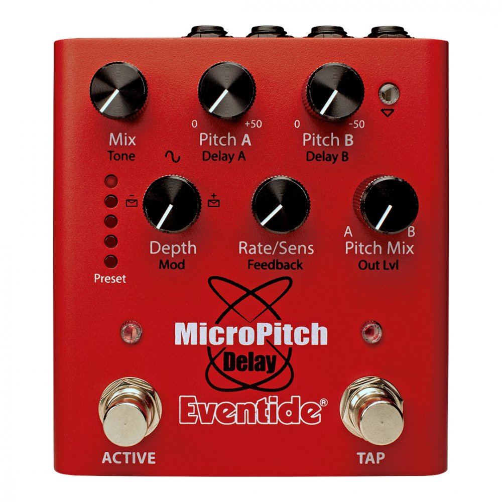 Red Eventide MicroPitch Delay pedal with multiple knobs and two footswitches labeled ACTIVE and TAP.
