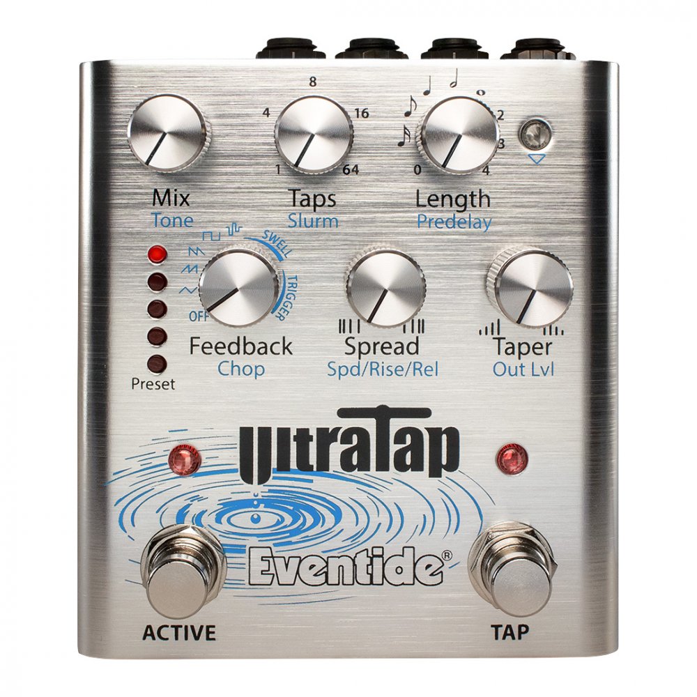 Silver Eventide UltraTap delay pedal with seven control knobs and two footswitches labeled ACTIVE and TAP.