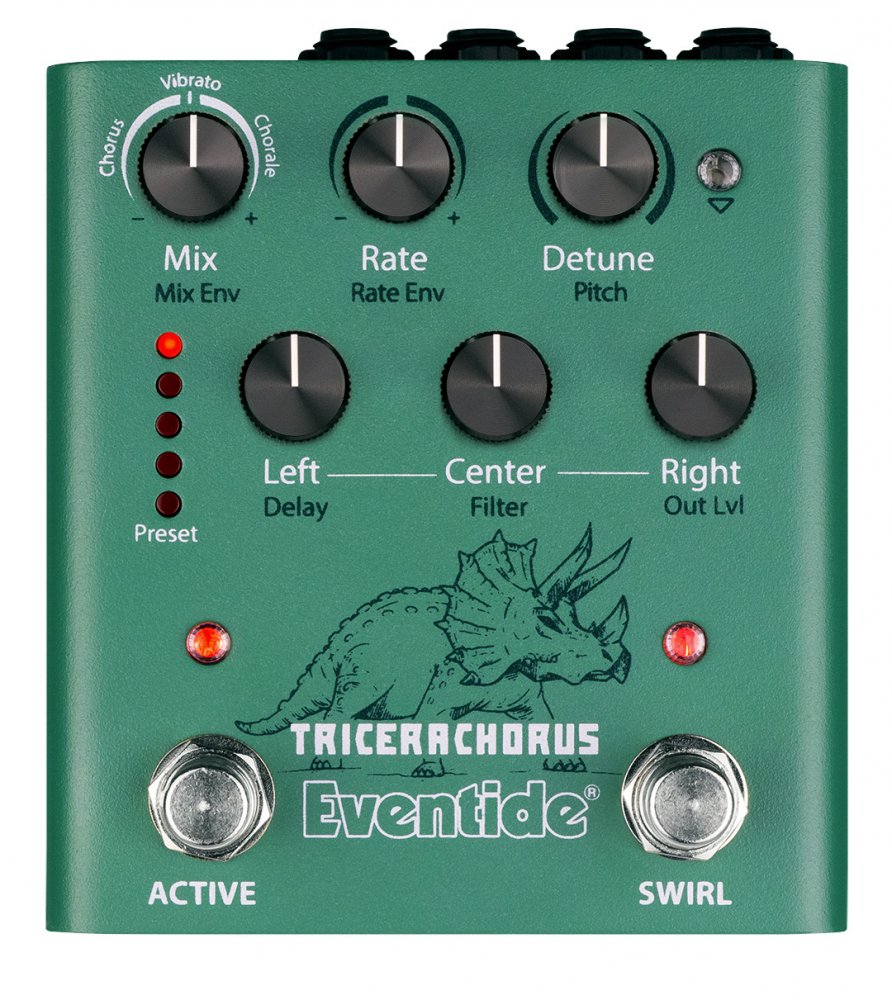 Green Eventide TriceraChorus guitar pedal with knobs, two footswitches, LED lights, and dinosaur graphic.