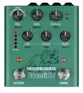 Green Eventide TriceraChorus guitar pedal with knobs, two footswitches, LED lights, and dinosaur graphic.