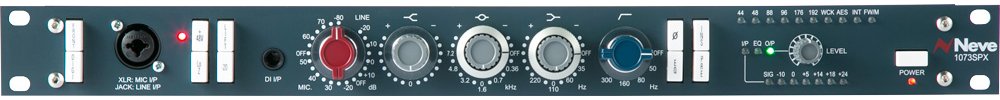 Front panel of audio device with combo input, multiple knobs, push buttons, LED indicators, and Neve 1073SPX branding.