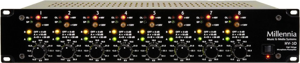 Front panel of a Millennia HV-3D microphone preamplifier with eight channels and various knobs and indicator lights.
