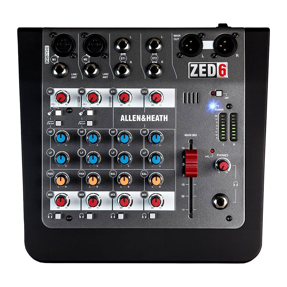 Top view of a black and gray audio mixer with multiple input/output connectors and control knobs labeled ZED6 Allen & Heath.