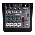 Top view of a black and gray audio mixer with multiple input/output connectors and control knobs labeled ZED6 Allen & Heath.