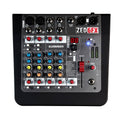 Top view of a compact audio mixer with multiple knobs, connectors, and a digital display.