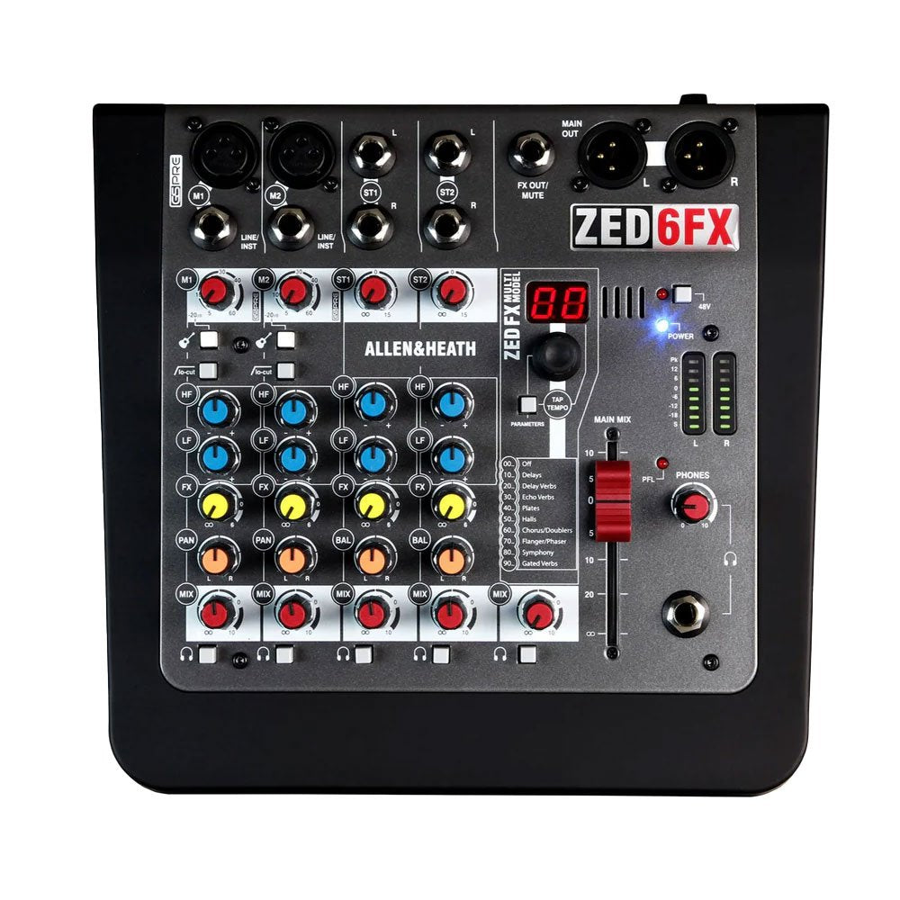 Top view of a compact audio mixer with multiple knobs, connectors, and a digital display.