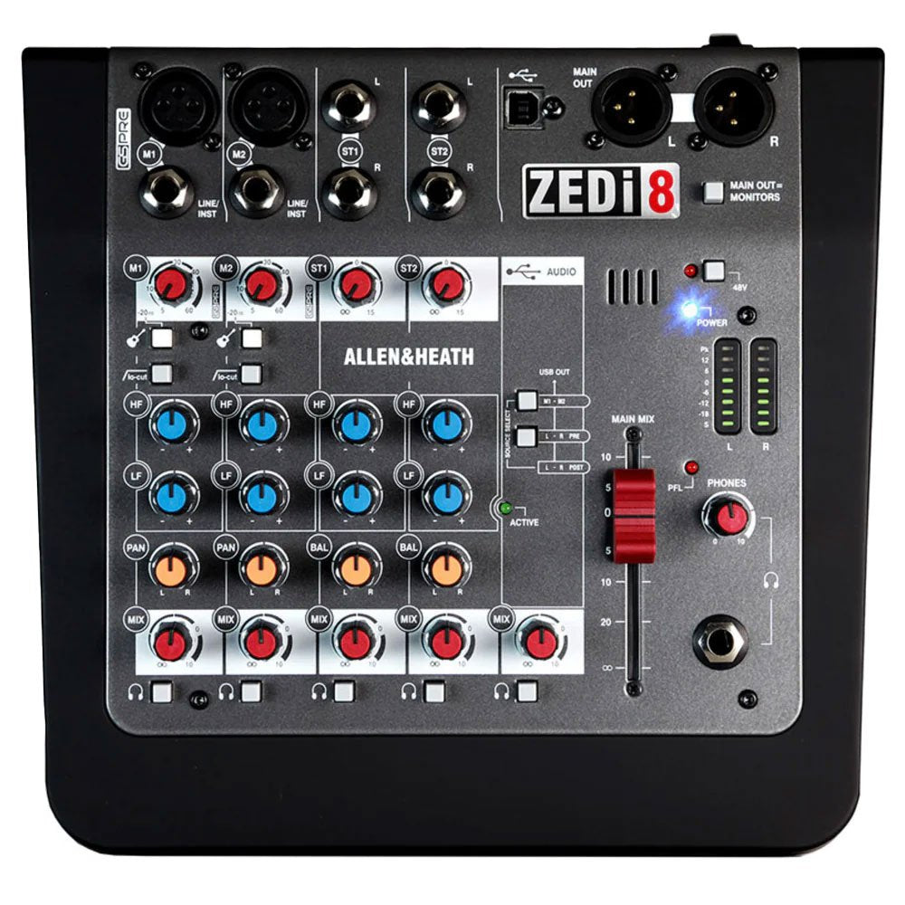 Top view of a compact audio mixer with multiple knobs, input connectors including XLR and USB, and a main mix slider.