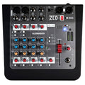 Top view of a compact audio mixer with multiple knobs, input connectors including XLR and USB, and a main mix slider.