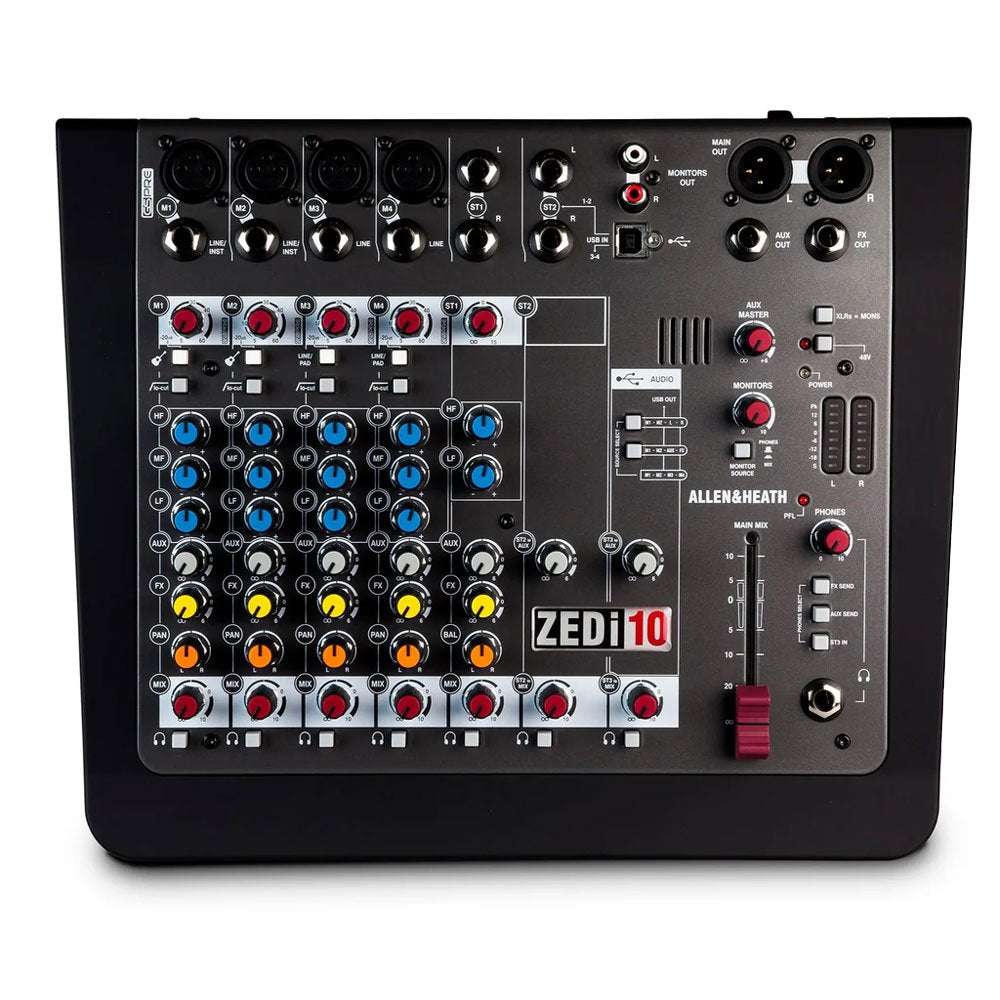 Top view of a black Allen & Heath ZEDi10 audio mixer with multiple input connectors, knobs, and a slider.
