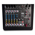 Top view of a black Allen & Heath ZEDi10 audio mixer with multiple input connectors, knobs, and a slider.