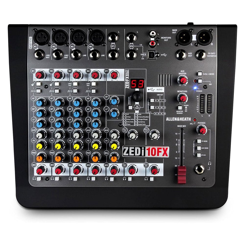 Top view of a black audio mixer with multiple input connectors, knobs, sliders, and digital display.