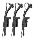 Three black microphone pickups with attached cables and clips arranged side by side on a white background.
