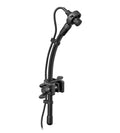 Black microphone on a flexible gooseneck with clamp mount and attached cable with multi-pin connector.