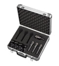 Open silver hard case with four AUDIX microphones and microphone clips in black foam padding.