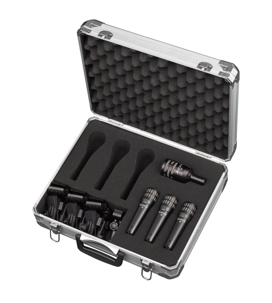 Open silver hard case with four AUDIX microphones and microphone clips in black foam padding.