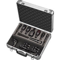 Open carrying case containing multiple Audix microphones and accessories arranged in foam.