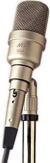 Silver microphone with mesh grille mounted on a stand and connected by a black cable.