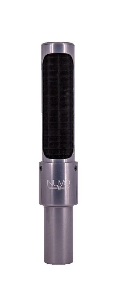 Silver and black microphone with NUVO logo on the body.
