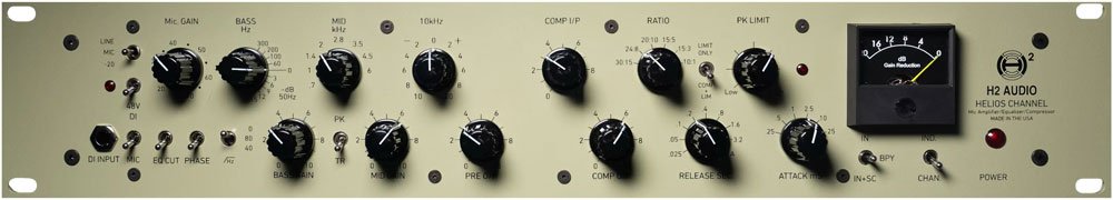 Front panel of a beige H2 AUDIO Helios Channel audio preamp with multiple knobs, switches, XLR input, and a gain reduction meter.