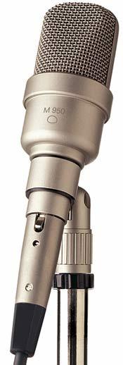 Silver microphone with metal grille, labeled M 950, mounted on a stand with 3-pin XLR cable attached.