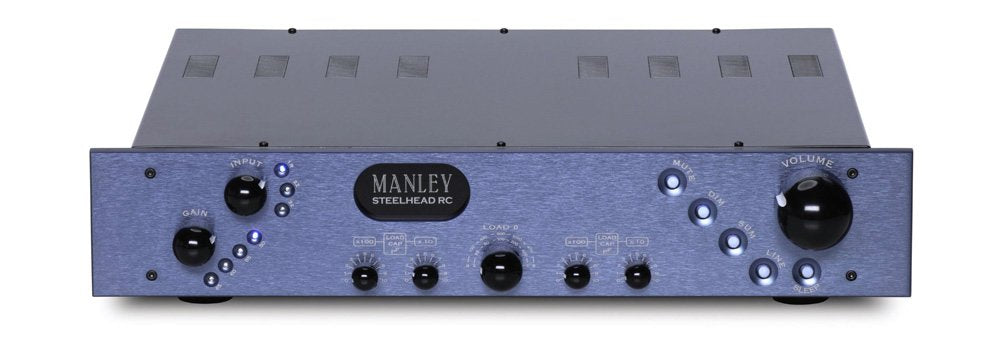 Manley Steelhead RC phono stage: rack-width tube phono preamplifier with metal faceplate, front-panel rotary controls for cartridge loading and gain, and an illuminated Manley badge; paired with its separate external power supply chassis.