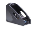 Black angled headphone amplifier with visible vacuum tubes and control knobs on front panel